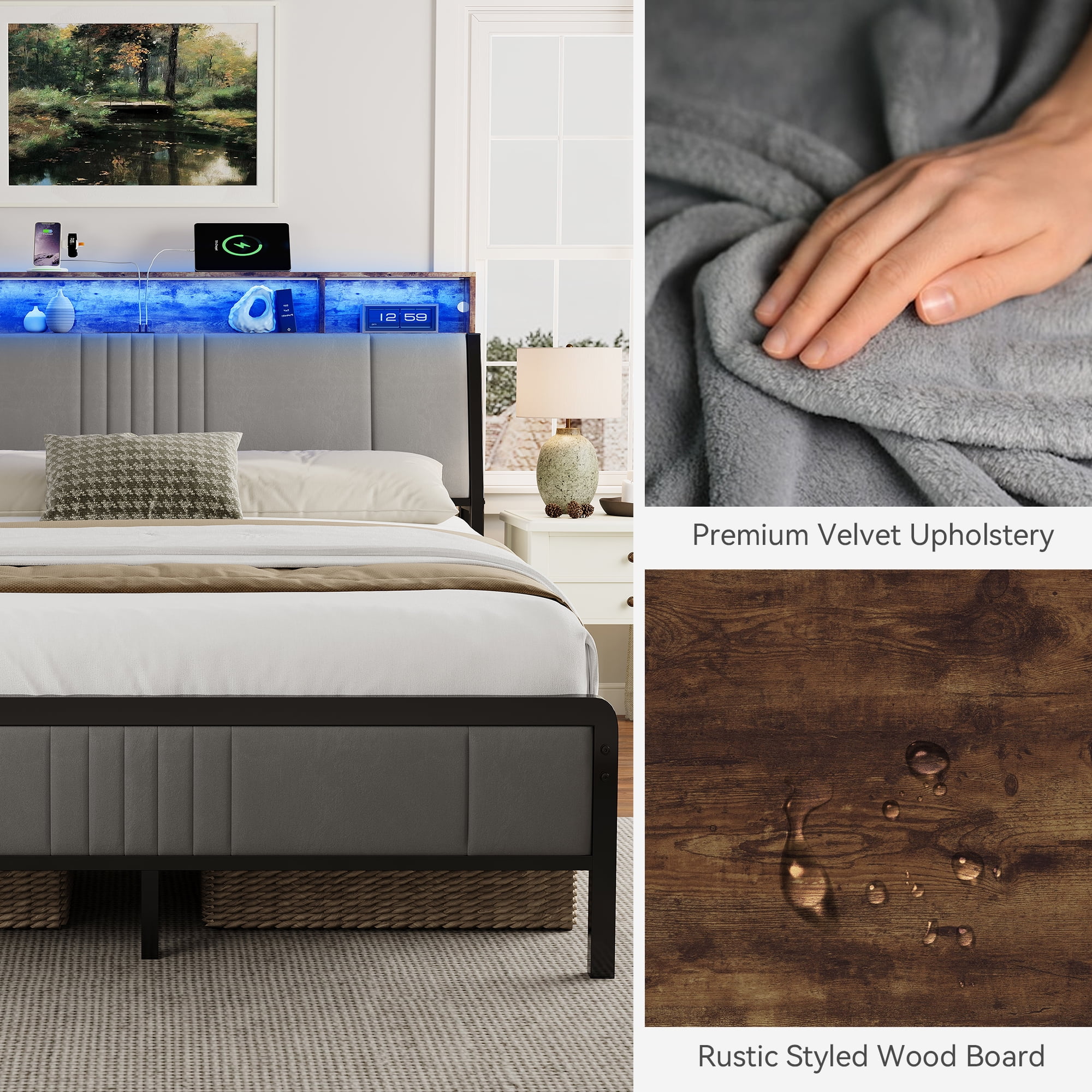 Sailvan Queen Bed Frame with Headboard, Platform Metal Bed Frame Queen Size with Under Storage,  LED Light, Charging Station & Velvet Upholstered, No Box Spring Needed, Noise-Free