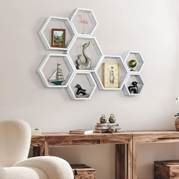 Set of 8 Wood Floating Shelves Hexagon Wall Rack Gray Bookcase for Bedroom Decor