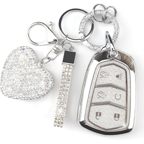 Key Fob Cover with Diamond Keychain Fit for Cadillac Car Key Holder Case Compatible with Cadillac Escalade ATS CTS STS SRX XT5 CT6 Smart Remote Key Protector, 6 Buttons (Silver-Heart)