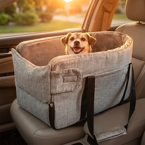 THDFTDT Center Console Dog Car Seat for Small Dogs, up to 12 lbs, with Safety Belt and Puppy Rope Hook, Washable, grey, 1 Piece