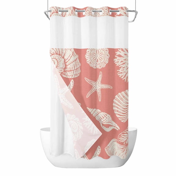 No Hook Coral Pink Starfish Coastal Shower Curtain with Snap in Liner Set, Shell Summer Beach Nautical Waterproof Fabric Bathroom Curtains with See Through Top Window, Hotel Style Small 36 x 72 Inch