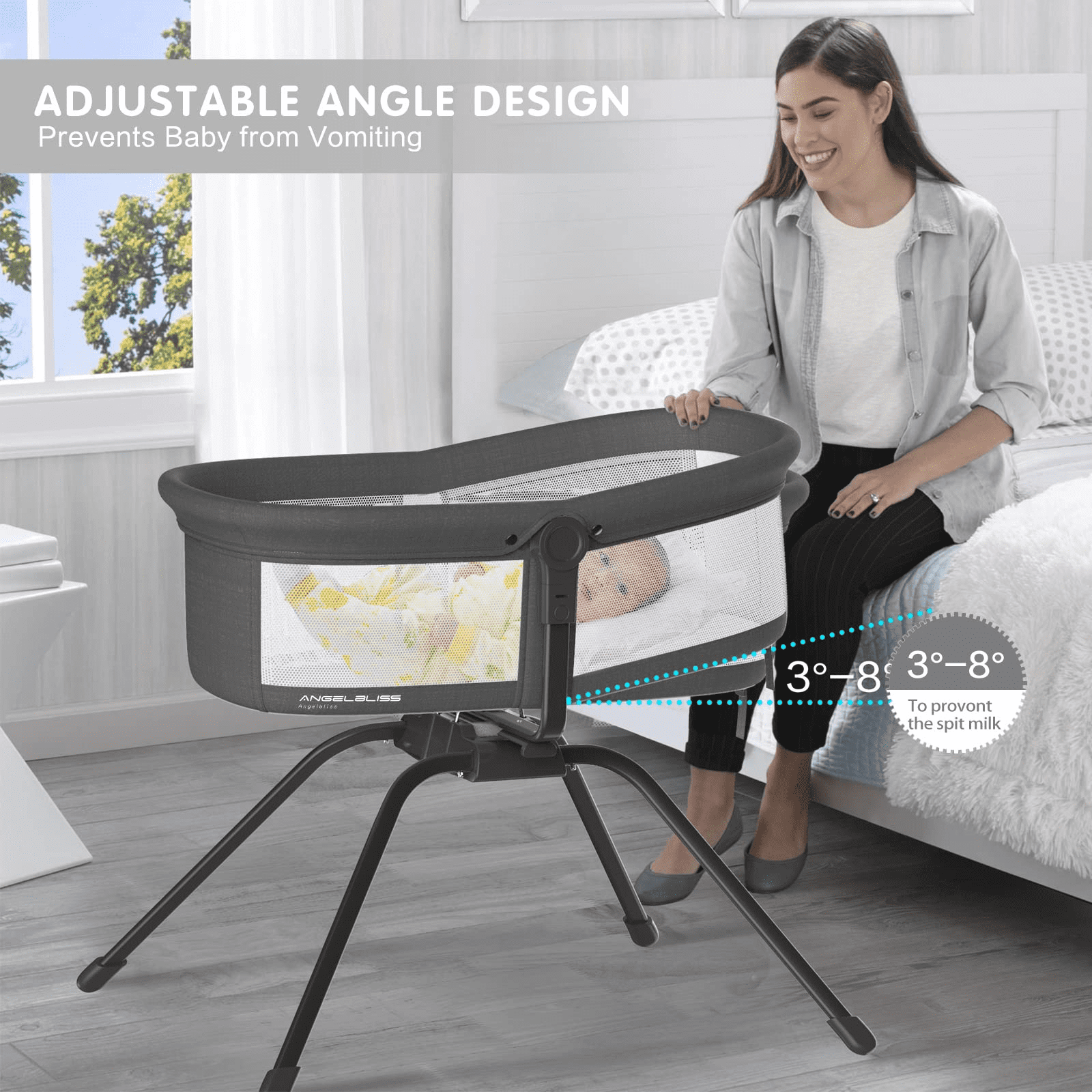 ANGELBLISS 3 in 1 Flat Rocking Bassinet & Portable Travel Bedside Crib, Side to Side Manual Rocking Motion Bassinet, Mattress Included (Black)(0-6month)