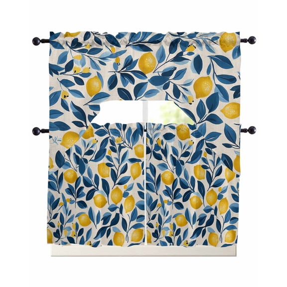 Lemon Kitchen Curtains Swag Valance and Tier Curtains Set 36 Inch Length, Watercolor Yellow Blue Fruit Branch Flower Rod Pocket Drape Panels Pair Swag Curtain for Bathroom/Cafe/Window
