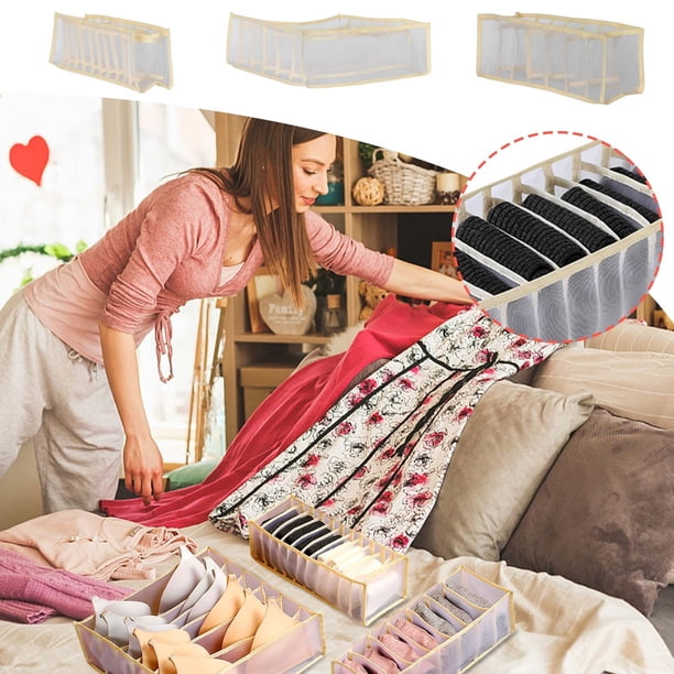 Organizador de armario de malla lavable | Caja de 6 compartimentos para ropa interior y calcetines | Compartimento plegable para organizar cajones | 32 x 32 x 12 cm
