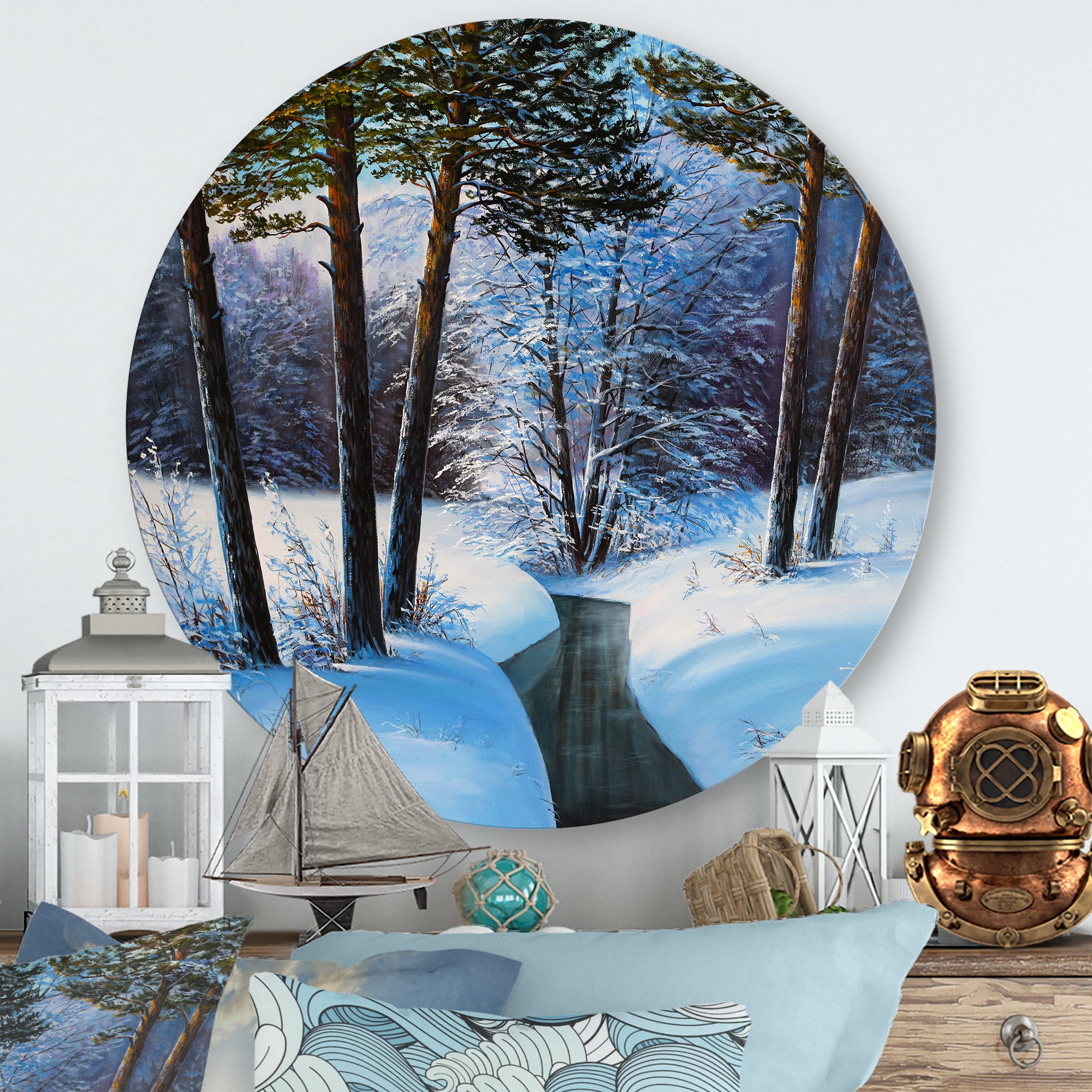 Designart 'Christmas Forest With Trees and River III' Traditional Circle Metal Wall Art 23x23 - Disc of 23