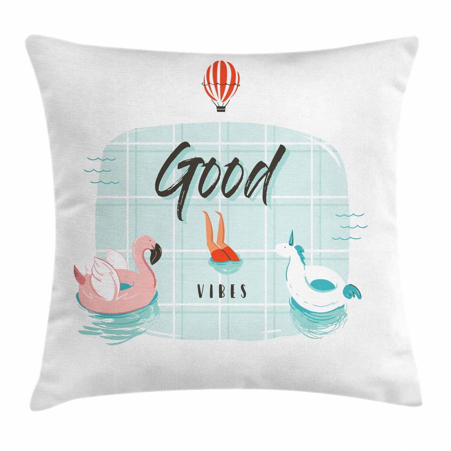 Good Vibes Throw Pillow Cushion Cover Pink Flamingo And Unicorn Buoy Ring In Swimming Pool Summertime Fun Decorative Square Accent Pillow Case 16 X 16 Inches Pale Green Coral Black By Ambesonne