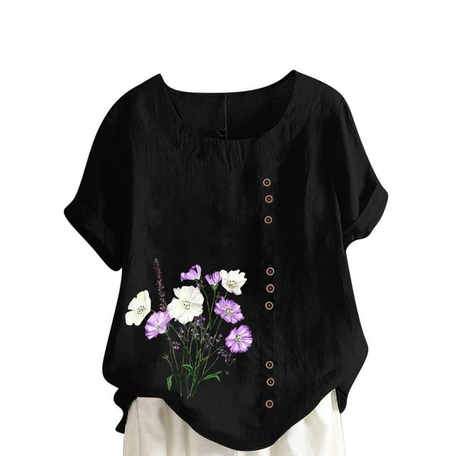 XMMSWDLA Hauts pour Femmes, Mode Décontractée Manches Courtes Imprimé Floral Col Rond Chandail Noir Été pour Ados