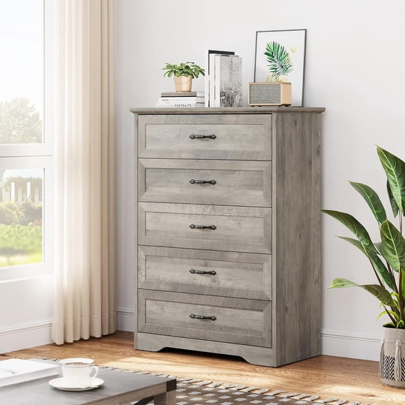 5 Drawer Dresser, Farmhouse Chest of Drawers with Metal Handles, Anti-Collapse Wooden Tall Dresser for Living Room Bedroom Hallway, Grey