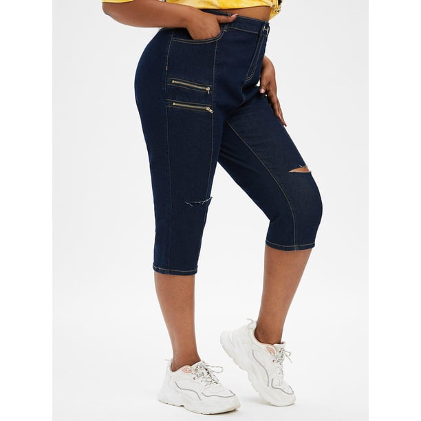 Pantalones Jeans Rasgados Capri Recortado Delantero Cremallera Rosegal Vaqueros de talla grande