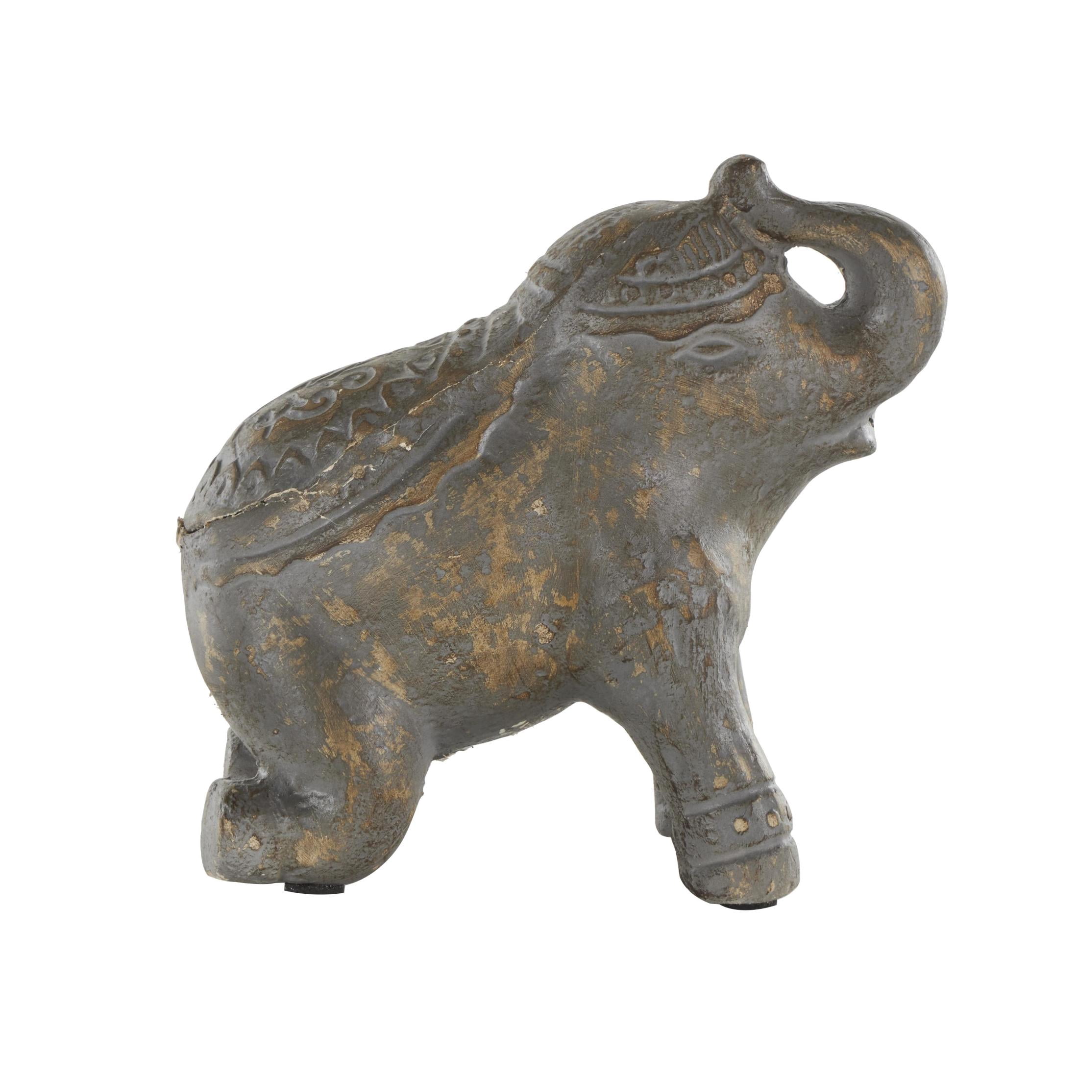 10" x 10" Dark Gray Paper Mache Handmade Distressed Carved Elephant Sculpture with Wood Inspired Accents, by DecMode