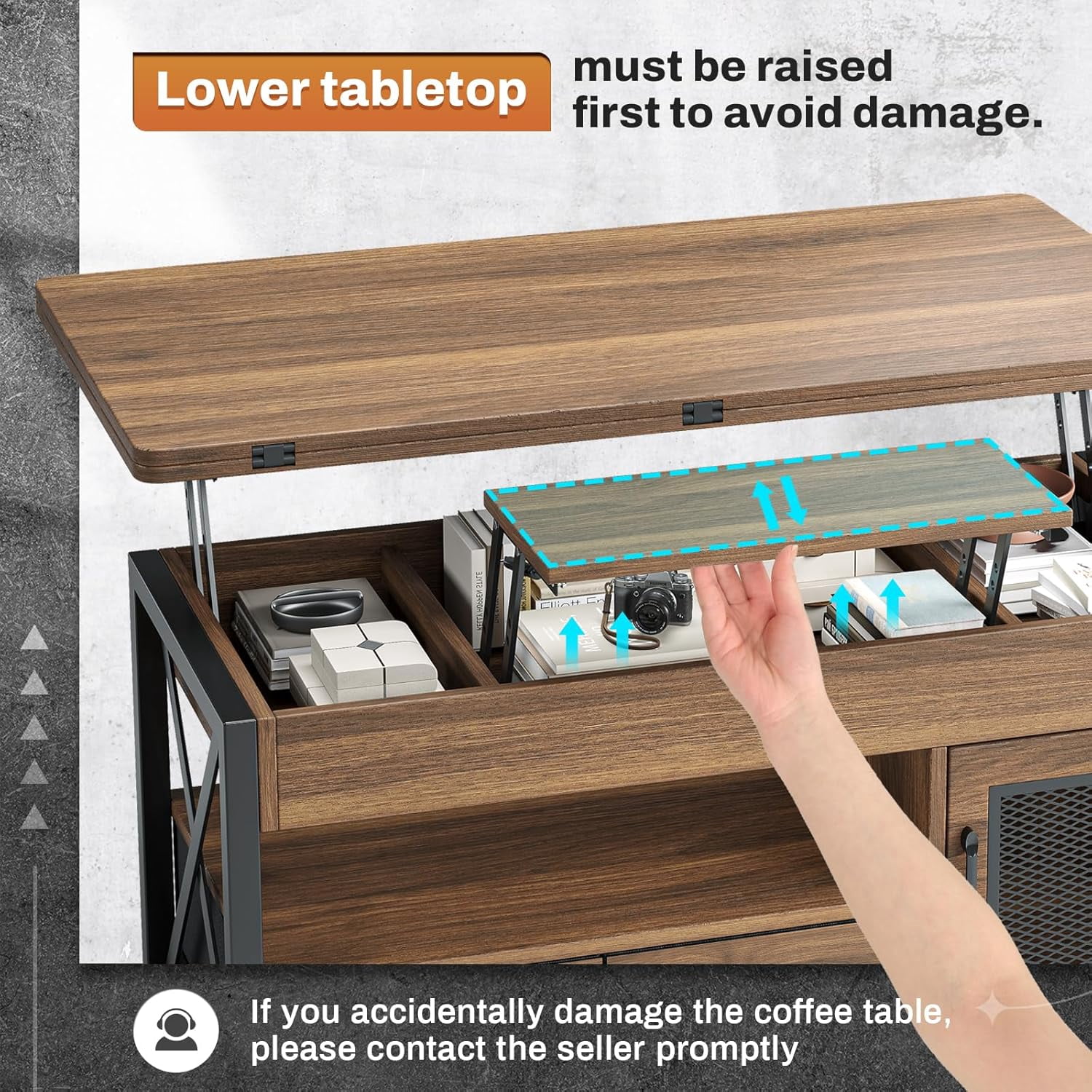 40" Lift Top Coffee Table, 4 in 1 Multifunctional Coffee Tables with Storage Cabinet for Living Room, Small Farmhouse Center Table with 2 Fabric Drawers & LED Light for Dining Room, Oak Brown