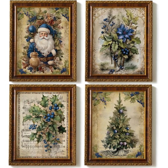 Hieng Vintage Christmas Pictures Wall Decor Prints,Retro Christmas Wall Art Decorations for Home Kitchen Bedroom Bathroom Living Room Office,Santa Claus Xmas Tree Decor Prints Unframed