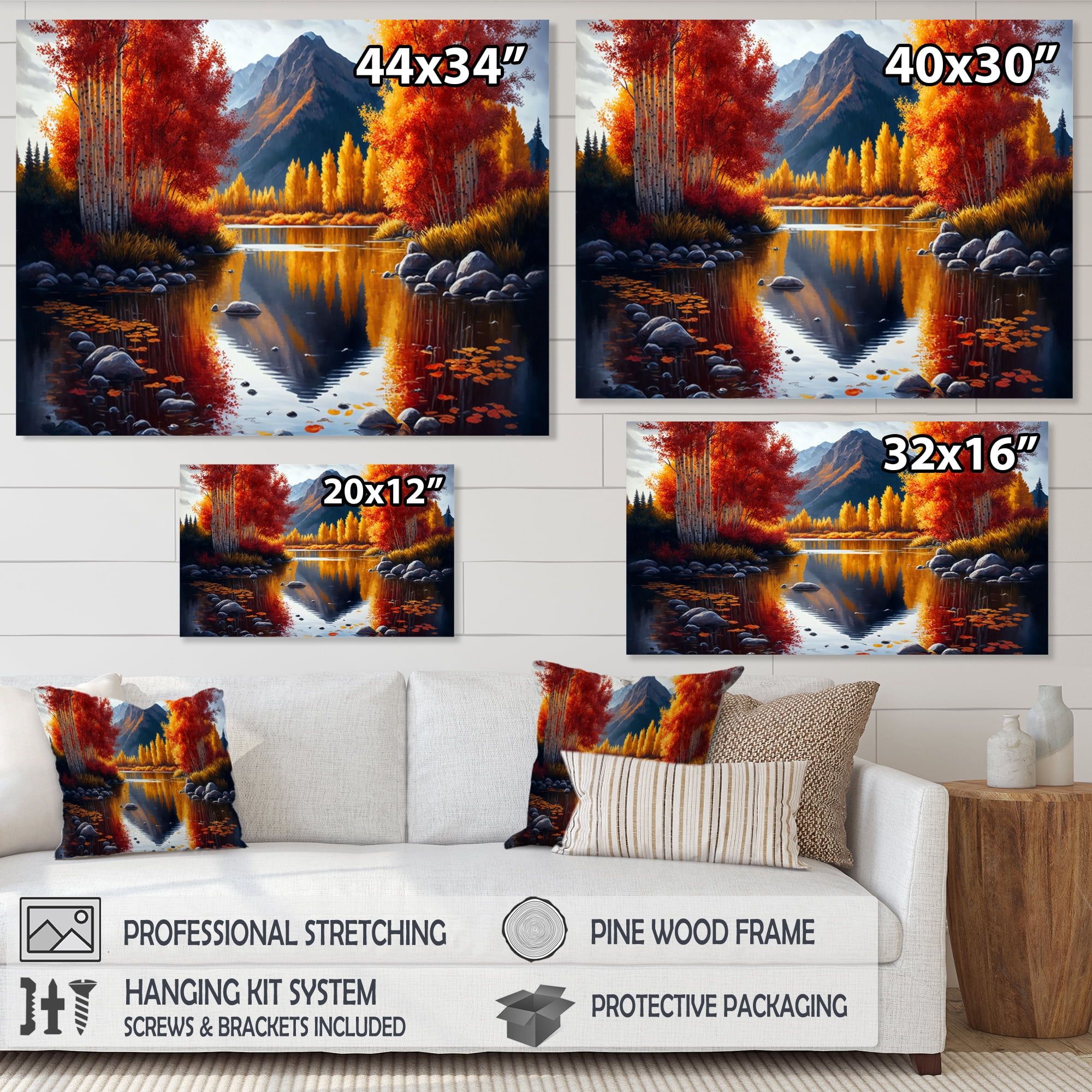 Designart Red And Orange Birch Trees By The Lake IV Canvas Wall Art