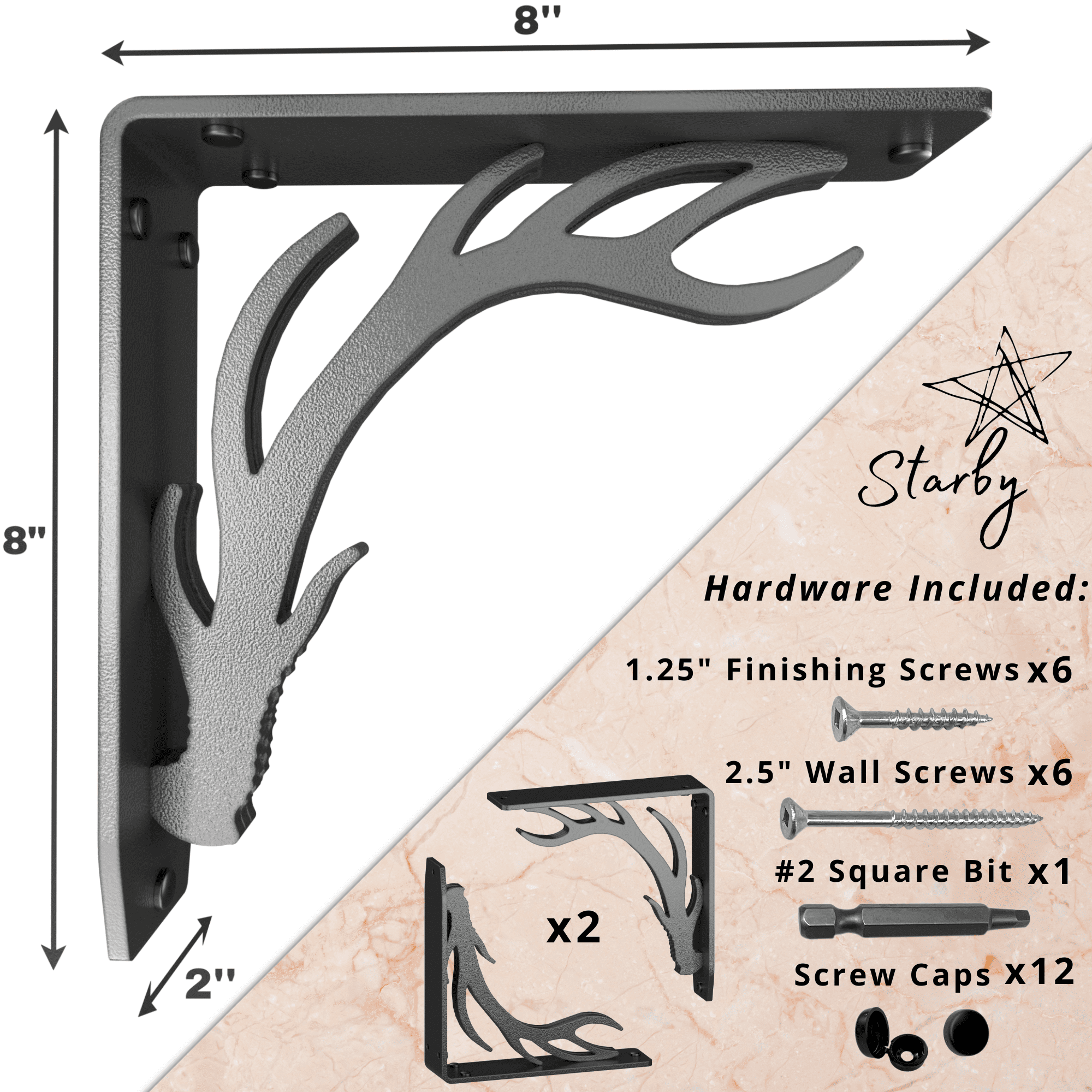 ELK LODGE HEAVY DUTY STEEL FIREPLACE MANTEL BRACKETS, FLOATING SHELF, COUNTERTOP SUPPORT - HAND WELDED - 8" x 8" x 2"