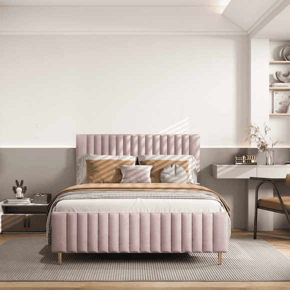 Ava Pink Velvet Platform Bed - King Size