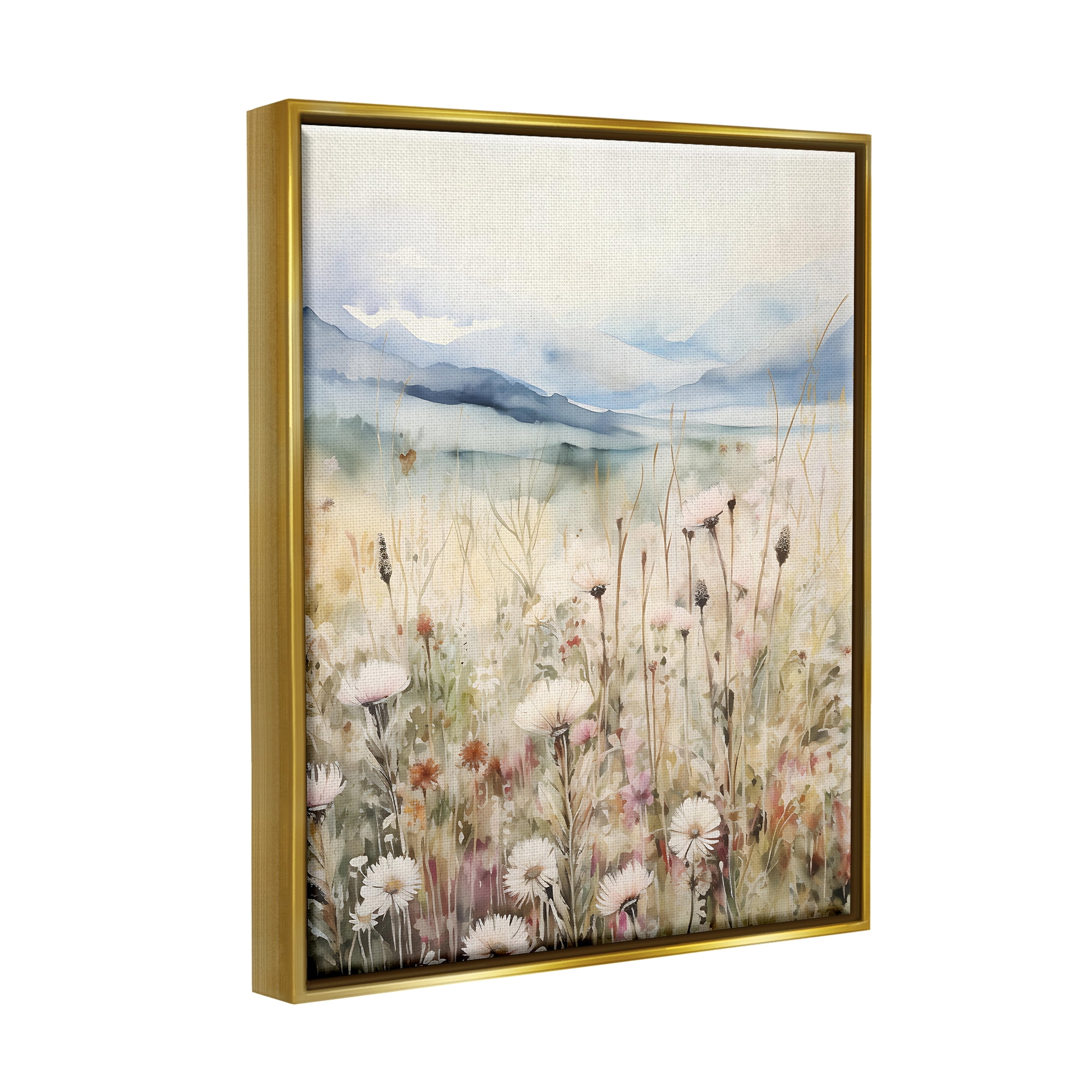 Stupell Industries Rural Daisy Field Meadow Landscape Painting Gold Floater Framed Canvas Art Print Wall Art, 25 x 31