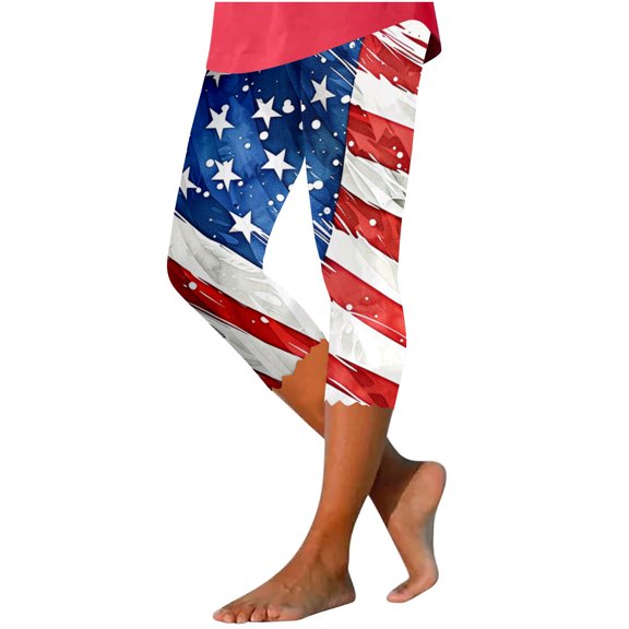 ZToonmas Women's Plus Size High Waist Independence Day Print Capri Leggings Slim Fit Cropped Trousers with Scalloped Hem for Summer