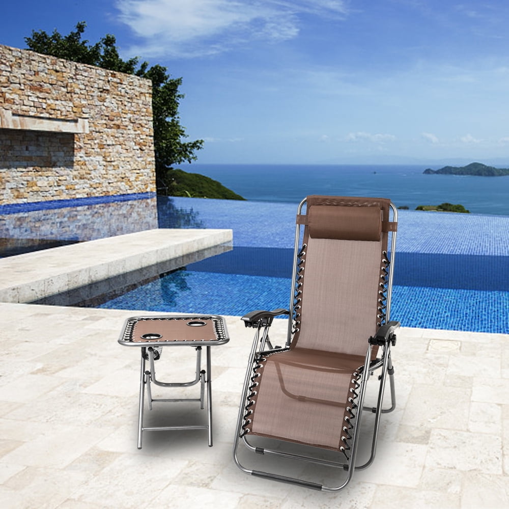 Kepooman 2Pcs Zero Gravity Chair Lounge Chair Table Set, Portable Folding Chairs for Sun Bath, Lawn & Patio Chair, Folding Beach Chair with Detachable Cup Holder, Brown