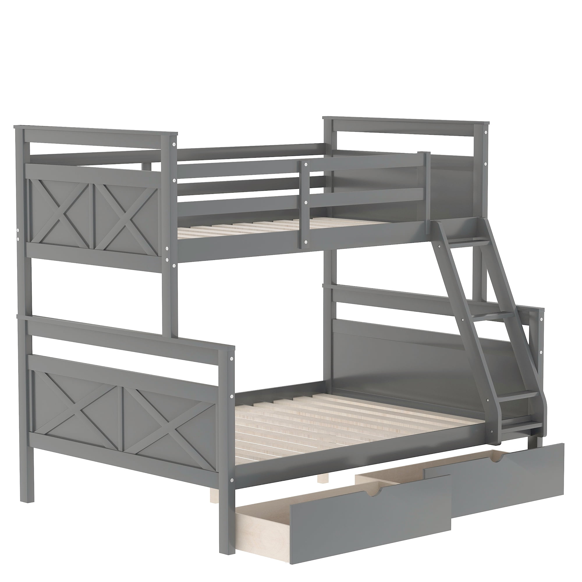 Euroco Modern Solid Wood Convertible Twin over Full Kids Bunk Bed Frame with Ladder, White, Gray