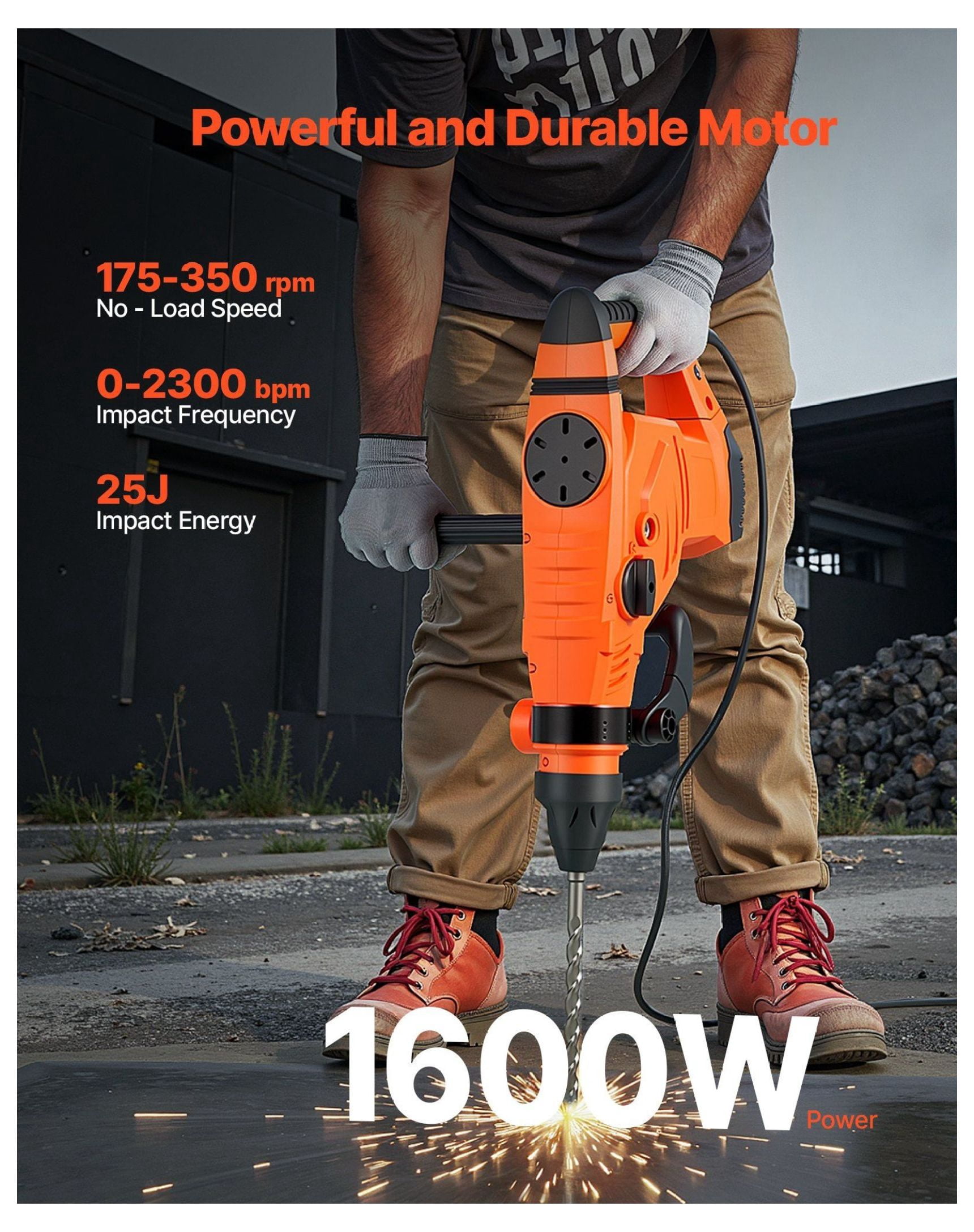 SDS-Max Rotary Hammer Drill Kit - 2 Inch, 1600W, 3-Mode Corded Hammer Drill - 175-350 RPM - Demolition & Drilling