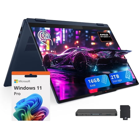 Lenovo IdeaPad 5 2-in-1 16" WUXGA Touchscreen Laptop, AMD Ryzen AI 7 350, 16GB LPDDR5X, 2TB Storage (1TB SSD+1TB Docking Station), Backlit Keyboard, Copilot+ PC, Wi-Fi 7, IR Camera, Win 11 Pro, Blue
