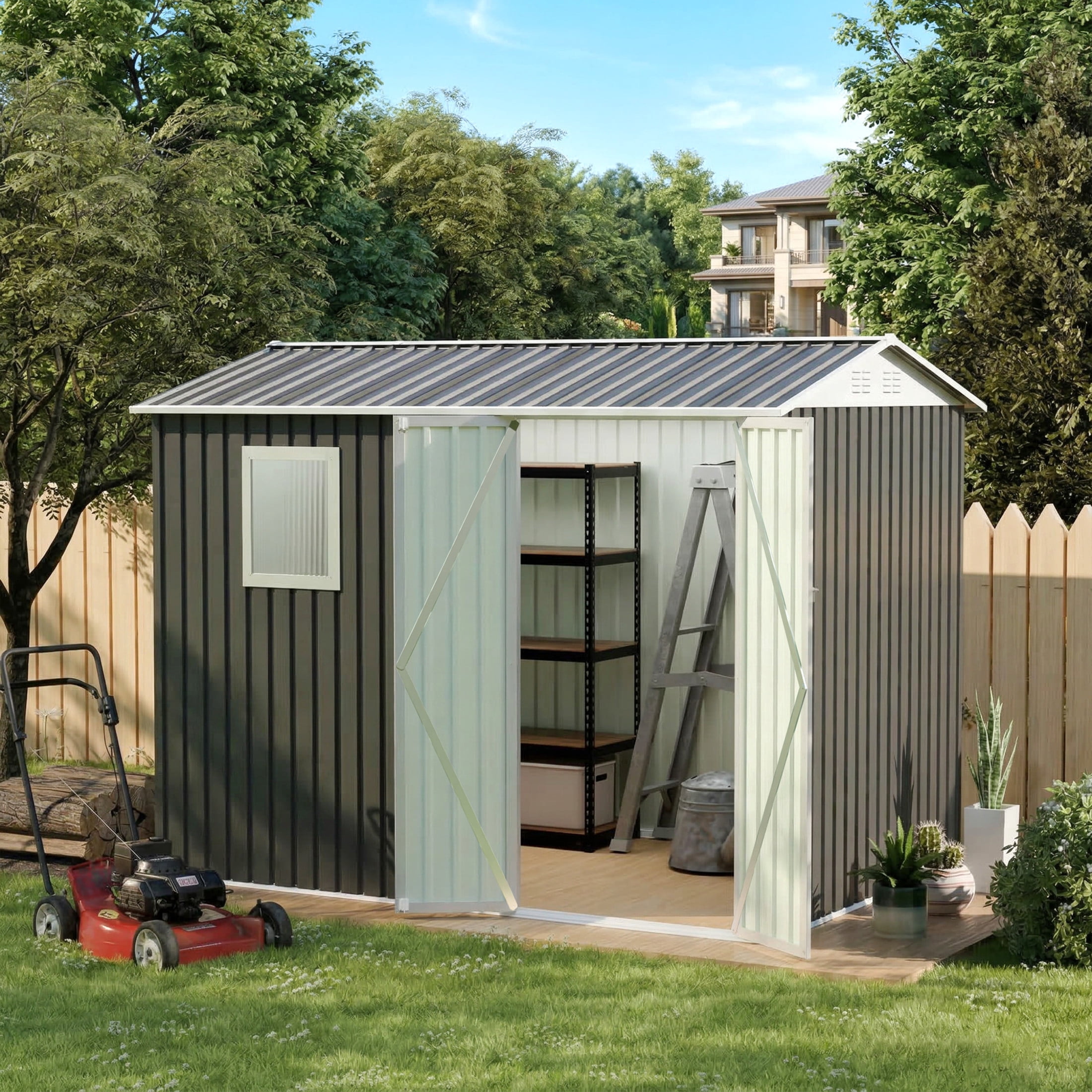 Noble House 9x6 FT Metal Outdoor Garden Shed, Galvanized Steel Backyard Tool Storage House with Window, Grey