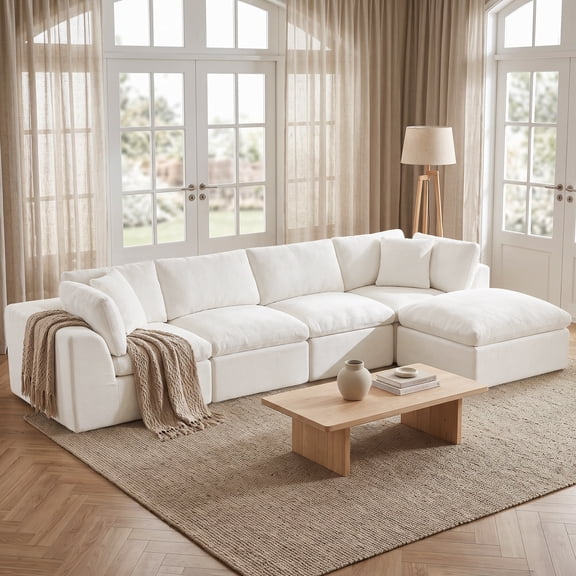 138'' Chenille Sectional Sofa with Ottoman, Modern Boneless Cloud Couch with Deep Seat, 4 Seater L-Shaped Modular Sofa for Living Room, No Assembly Required, Beige