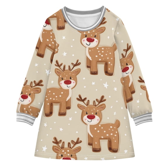 Reindeer and Gingerbread Christmas Long-sleeved Dress A-line One-Piece Dress for 2-8 Years Casual Party 2T