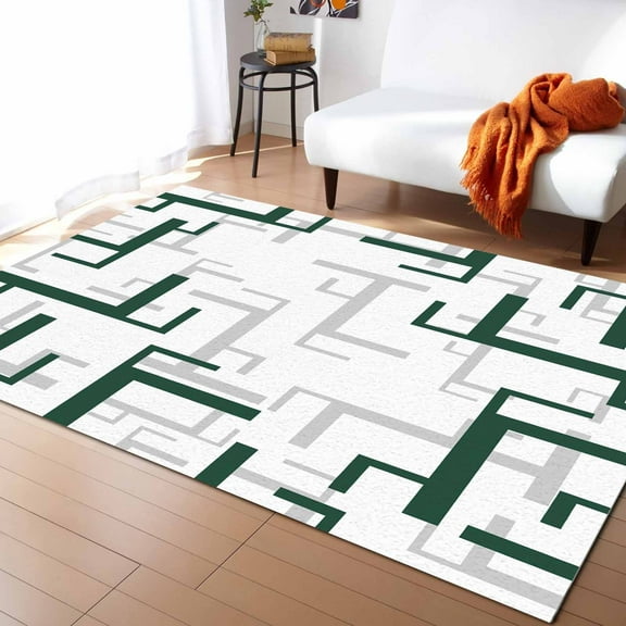 Area Rug 4'x6' Abstract Geometric Army Green Square Line Washable Area Rugs Non Shedding Floor Carpet Rubber Backing Non-Slip Indoor Mats for Living Room Bedroom Kitchen