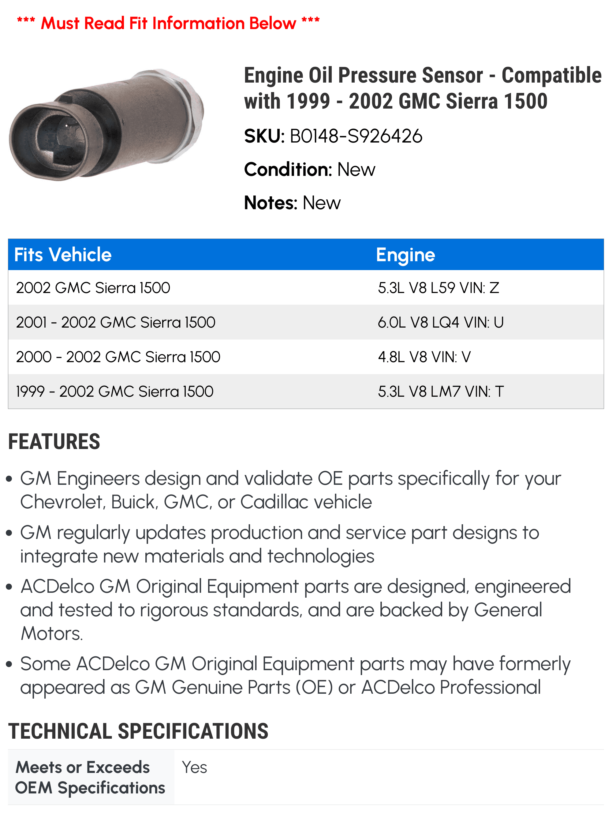 Engine Oil Pressure Sensor - Compatible with 1999 - 2002 GMC Sierra 1500 - AC Delco