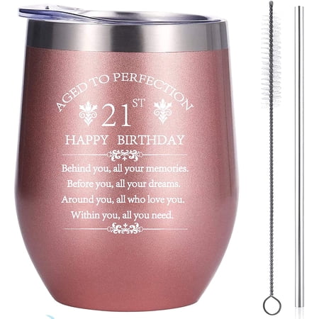 Inspiration 2001 Finally 21st Birthday Gift for Daughter Girlfriend Sister Friend 12 Ounce Double Wall Insulted Rose Gold Stainless Steel Wine Tumbler 21 Years Old Birthday Present