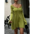 thumbnail image 2 of Rdhnmea Women Off Shoulder Sweater Dress V Neck High Waist Long Sleeve Ribbed Knit Short Dress Party Club Nightwear, 2 of 6