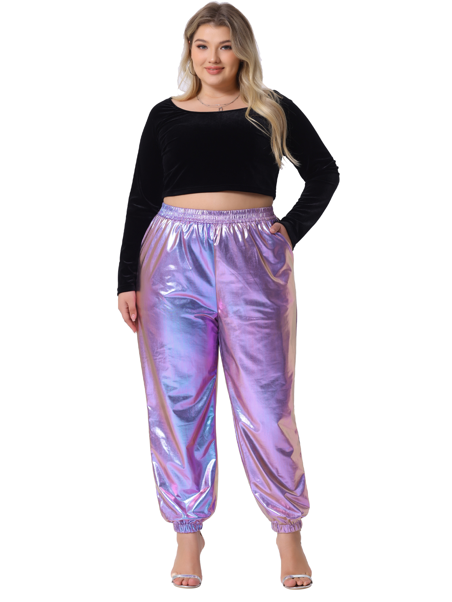 DARING DIVA Women's Plus Jogger Pants Metallic Shiny Stretchy Trousers 1X Purple Blue