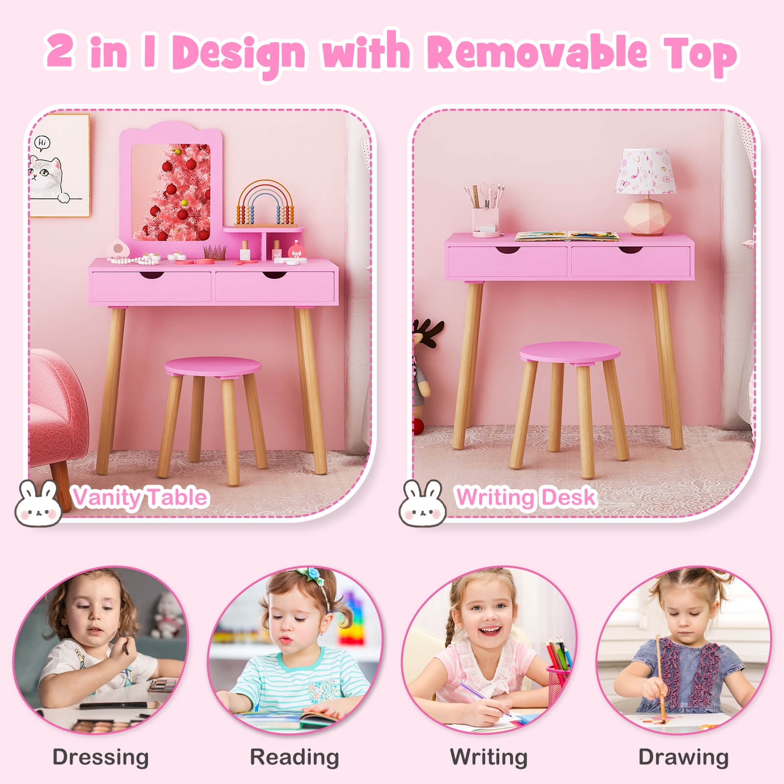 Costway Kid Vanity Table Chair Set with Mirror Large Storage Drawers Wooden Legs Pink