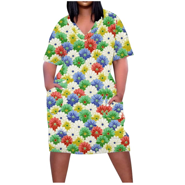 Vestido Corto de Verano Moda Grande Impresión de Manga Corta Cuello en V Bolsillo Mini Vestido para Casual Y Diario