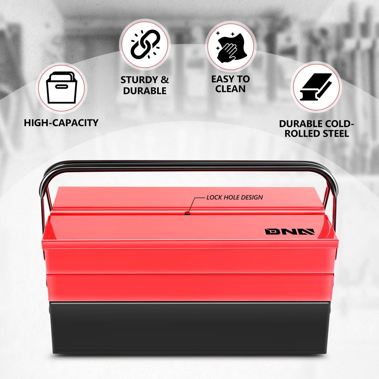 DNA Motoring TOOLS-00411 Red 18" 3 Level Multi-Function Foldable Repair Tool Box Storage With Lock Hole + 5 Drawers + Handle