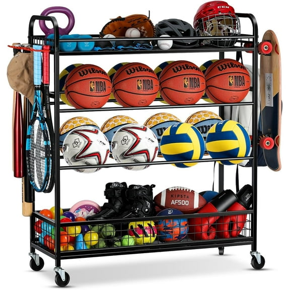 Garage Sports Equipment Organizer - Rolling Ball Storage Bin with Wheels, Garage Sports Gear Rack Outdoor Basketball Racks for Balls with Baseball Bat Holder and Hooks, Toy Organizer