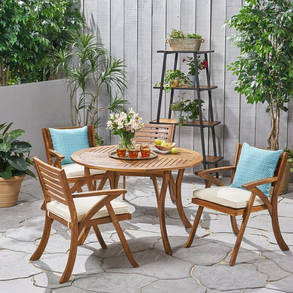 Noble House Hermosa 5 Piece Wooden Round Patio Dining Set in Teak and Cream