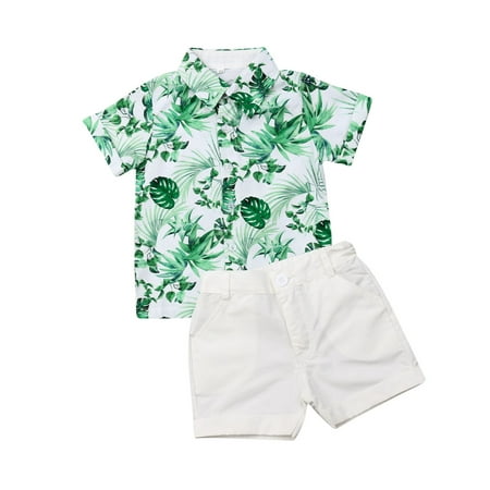 

Toddler Kids Baby Boy Gentleman Green Leaf Printing Short Sleeve T-Shirt Button Shirts Shorts Pants 2Pcs Summer Outfits