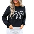 thumbnail image 2 of XMMSWDLA Women Bow Knit Sweater Crew Neck Long Sleeve Knitted Pullover Oversized Contrast Trim Knitwear, 2 of 9
