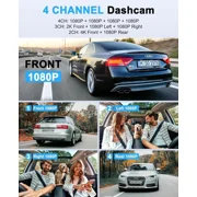 Dash Cam - 4K - 4 Channel - 360° Front Rear Inside DashCam, FHD 1080P Car Camera 128GB