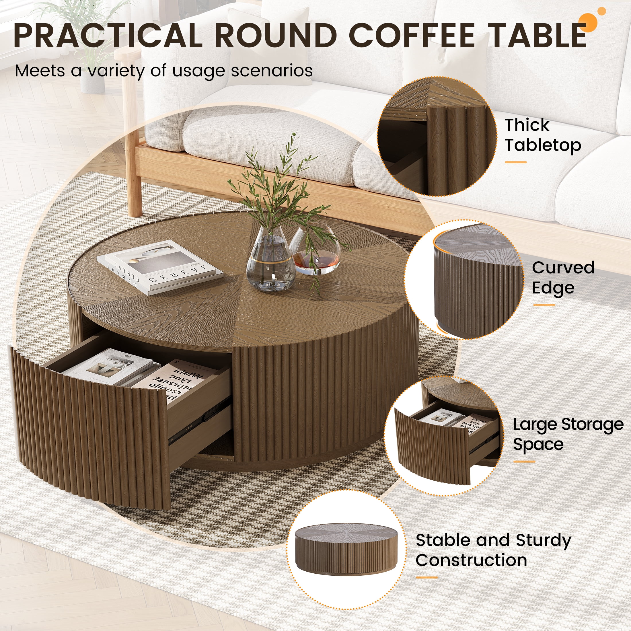 Gelloan 35" Round Coffee Table with Two Drawers，Circle Coffee Table Space-Saving Multiple Purpose for Living Room，Dining Room and Home,Brown