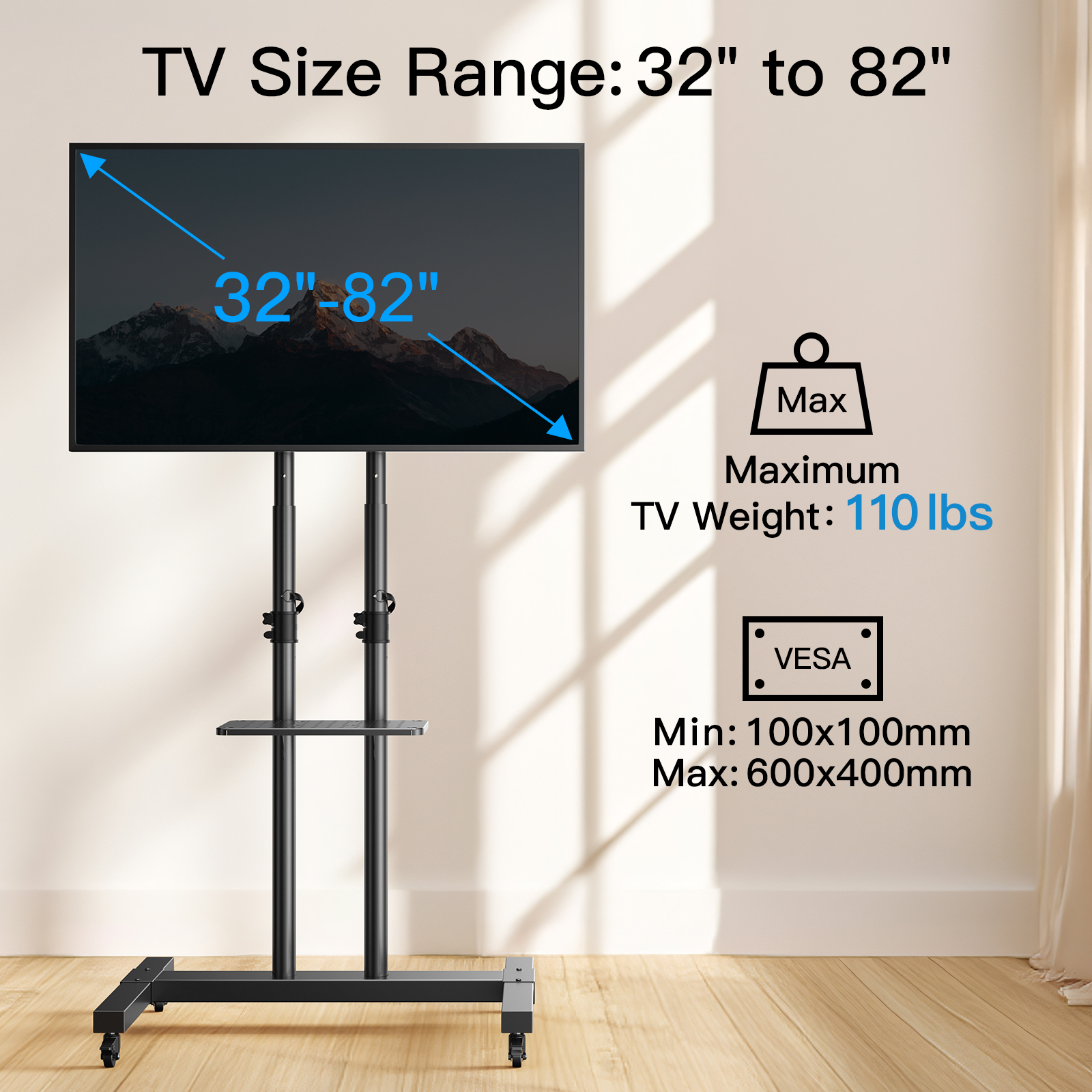 MountFTV Modern Rolling TV Stand with Metal Shelf, 32-82" photo 2