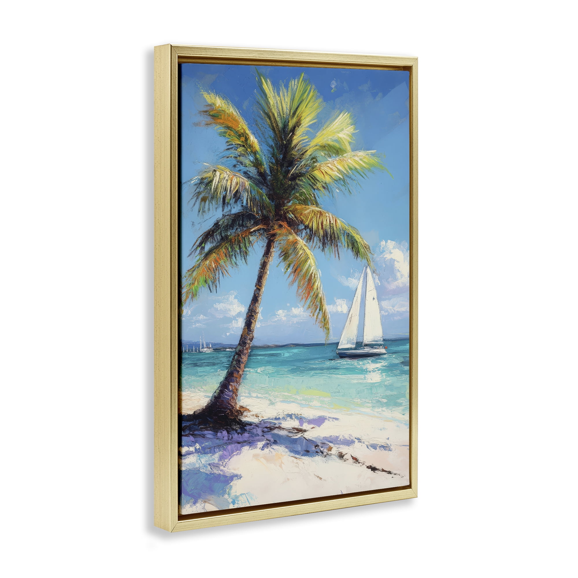 Stupell Industries Palms & Sails Beach View Gold Framed Floater Canvas Wall Art, design by Petal Prints Design