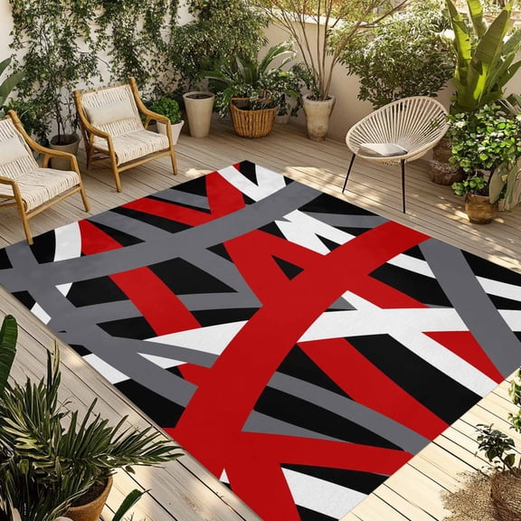 Red Black Geometric Outdoor Rug for Patio/Deck/Porch, Non-Slip Large Area Rug 5 x 8 Ft, Modern Art Abstract Grey Line Indoor Outdoor Rugs Washable Area Rugs, Reversible Camping Rug Carpet Runner
