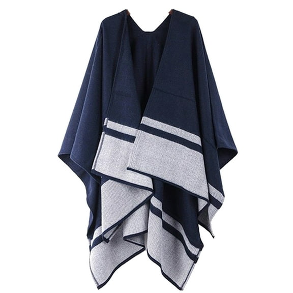Women's Shawl Wrap Open Front Casual Poncho Cape for Fall Winter (Navy Blue)