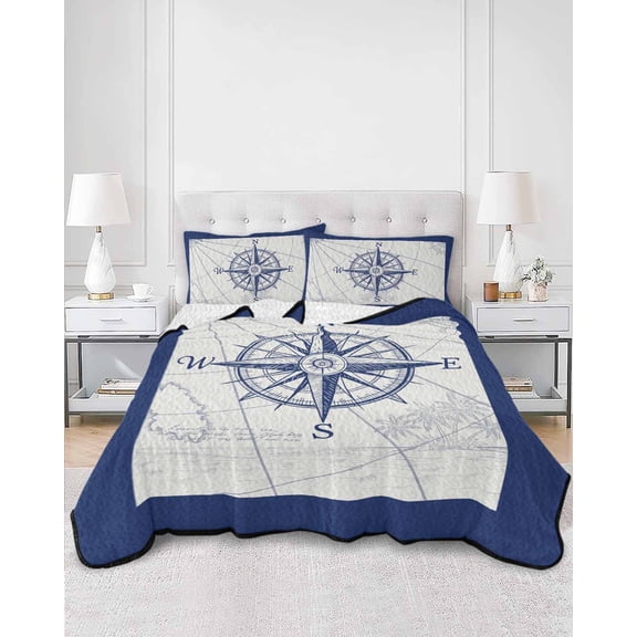 Quilts Twin Size, Blue Compass Nautical Soft Comforter Bedding Set for Bed, Coastal Abstract Art Retro Lightweight Quilted Bedspread with Pillow Cover(2 Pieces) for All Season, 68x86 Inch