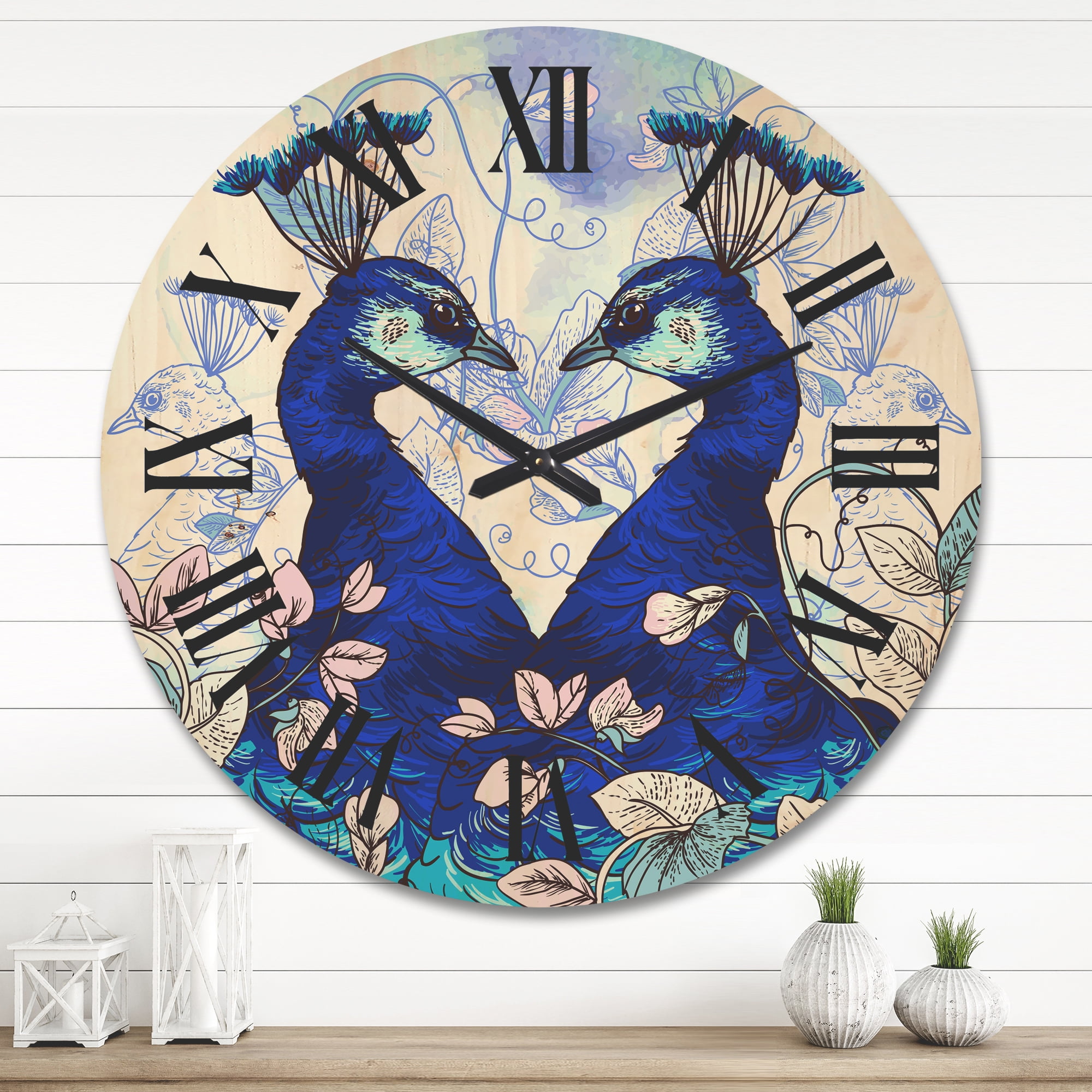 Designart 'Wildflowers With Two Blue Peacocks' Traditional Wood Wall Clock