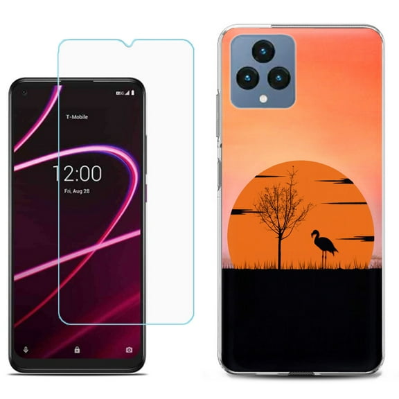 Slim-Fit Gel TPU Fashion Phone Case for T-Mobile Revvl 6 5G, with Tempered Glass Screen Protector, by OneToughShield ® - Sunset Flamingo