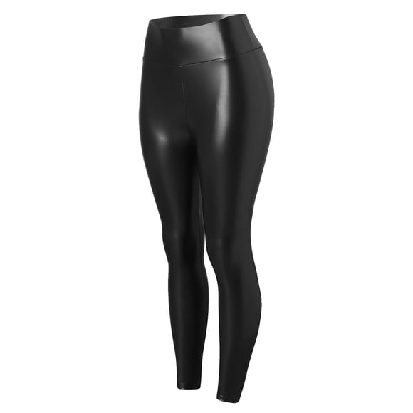 Women's Faux Leather Leggings - High Waisted Stretch Pleather Pants, Baggy Loose Fit, Solid Color, for Casual and All Seasons Wear
